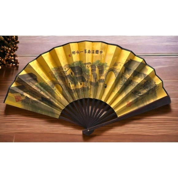 Vintage Chinese Folding Hand Fan Asian Village Scene 22" Span - Picture 1 of 10